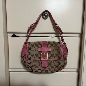 Coach Pink and Tan Signature Shoulder Bag
